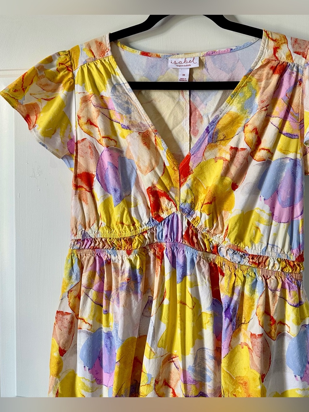Isabel Multicolor Floral Watercolor V-Neck Dress - Yellow, Pink, Purple Accents